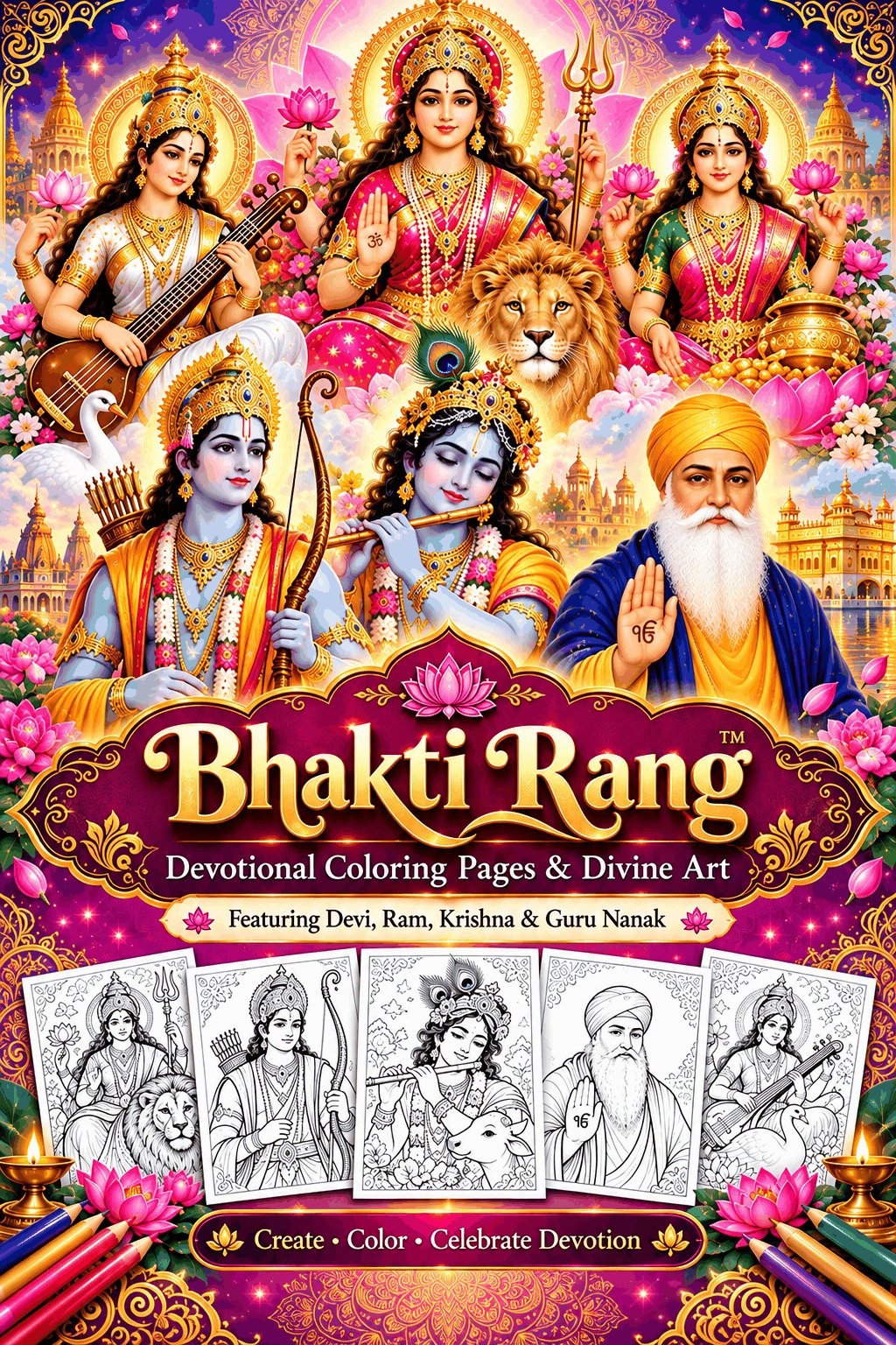 Bhakti Rang cover: devotional coloring pages featuring Devi, Ram, Krishna and Guru Nanak